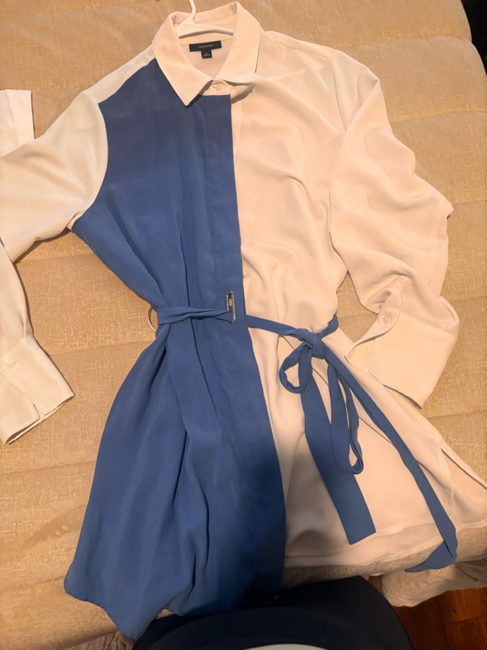 Alfani Two-Tone Blue and White Blouse with Waist Tie